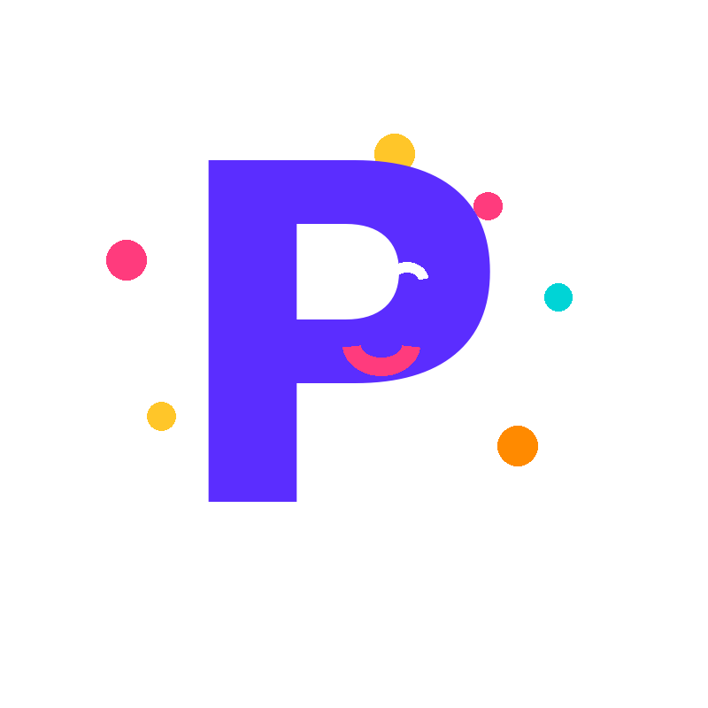 The Party Bo mascot, a smiling purple P
